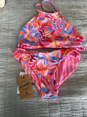 Snapper Rock Pink Orange Floral Halter Bikini
